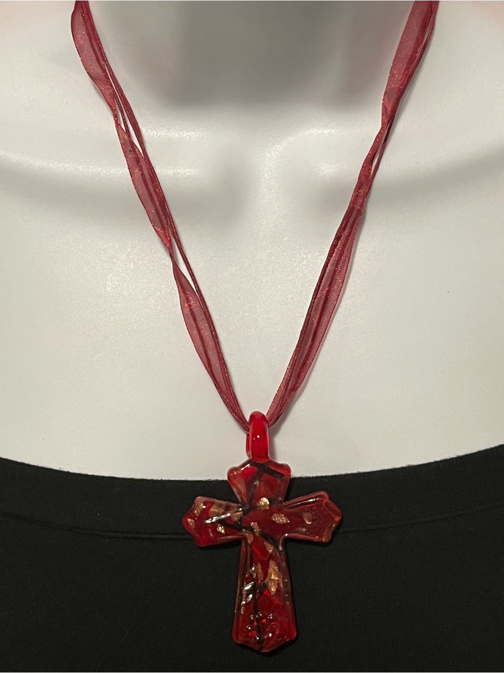 Handmade Red Glass Cross Pendant Necklace on Red Ribbon